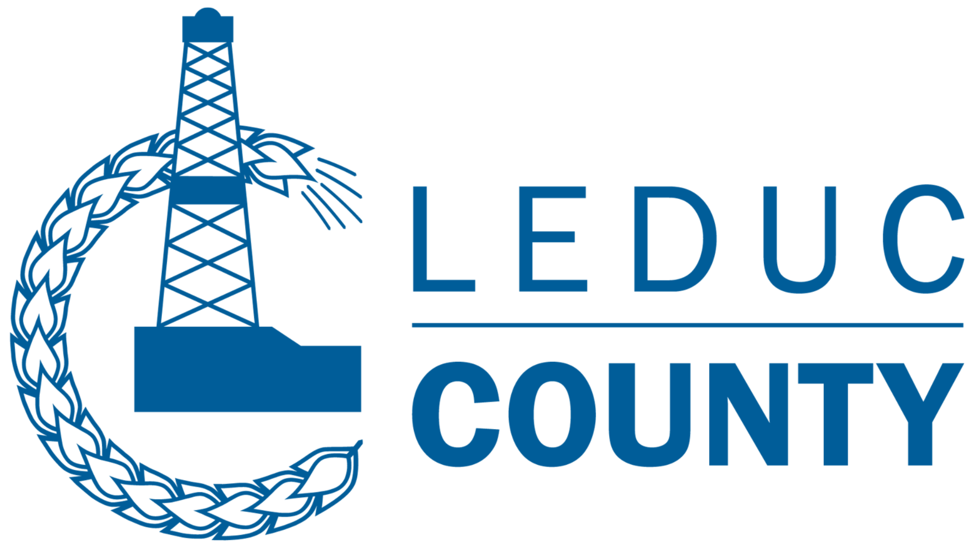 A blue oil rig with the letter "c" made of wheat, next to text that reads "Leduc County"